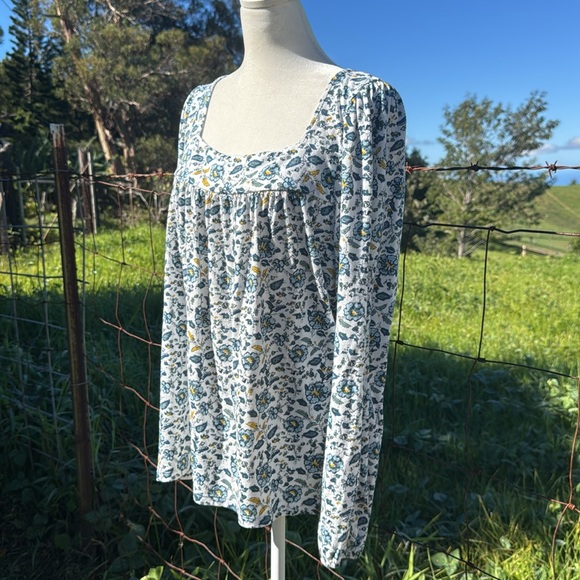 Lucky Brand Peasant Prairie Blue Floral square Neckline long Sleeve Top Large - Picture 4 of 8